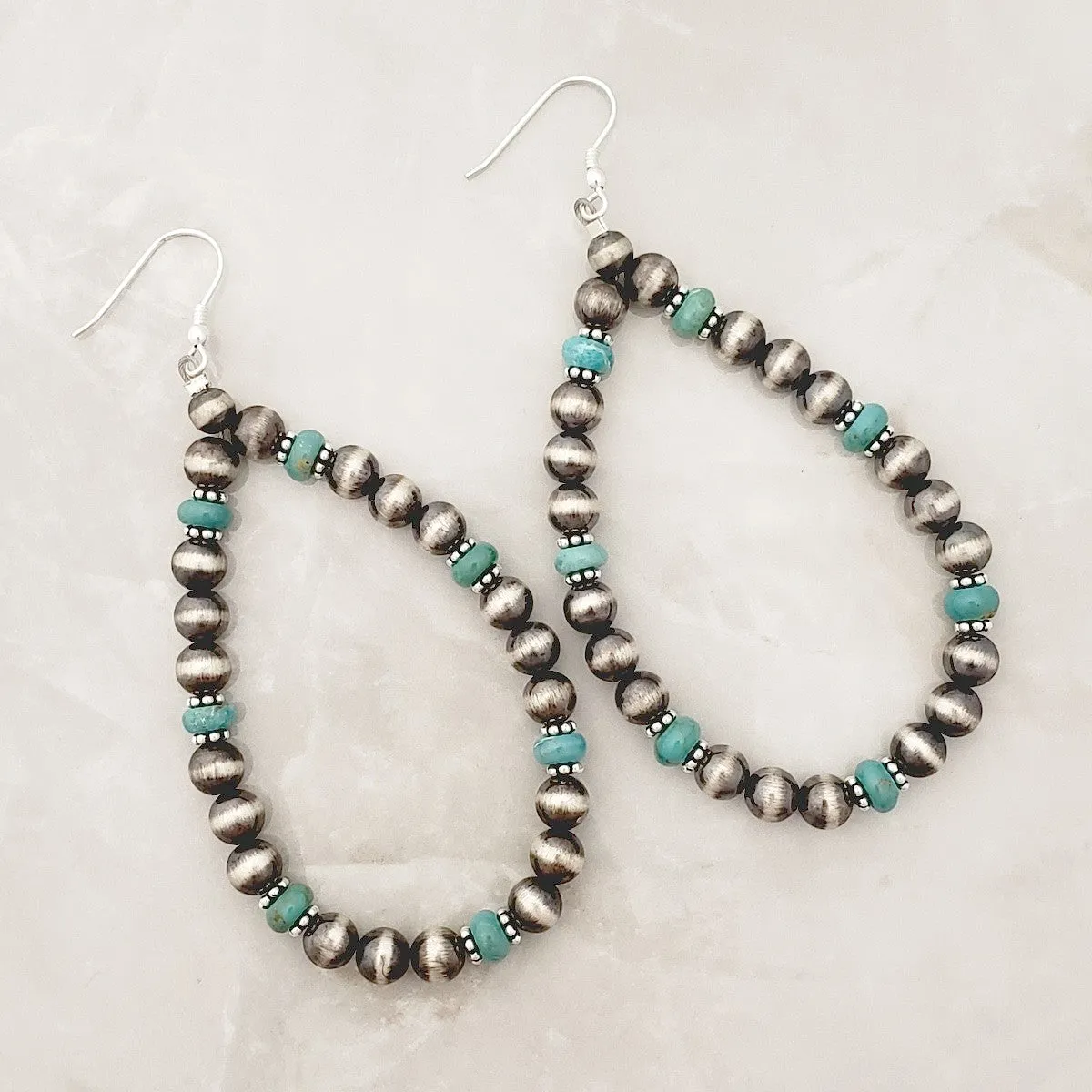 6mm Navajo Pearls & Turquoise Tear Drop Dangle Earrings Sterling Silver NPE007