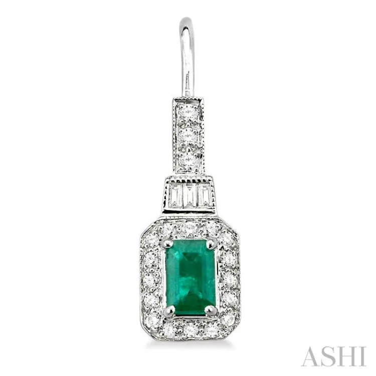 6x4mm Octagon Cut Emerald and 1/2 Ctw Baguette and Round Cut Diamond Earrings in 14K White Gold