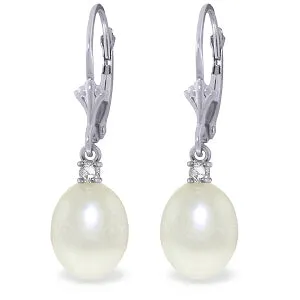 8.1 Carat 14K Solid White Gold Leverback Earrings Diamond Pearl