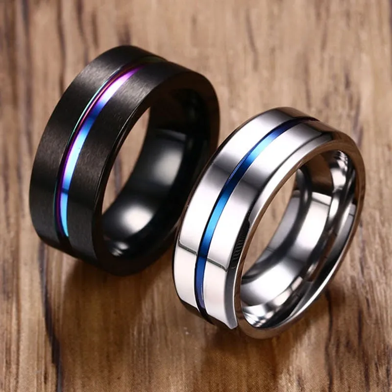 8mm Black Ring for Men Women Groove Stainless Steel Wedding Bands Trendy Fraternal Rings Casual Jewellery