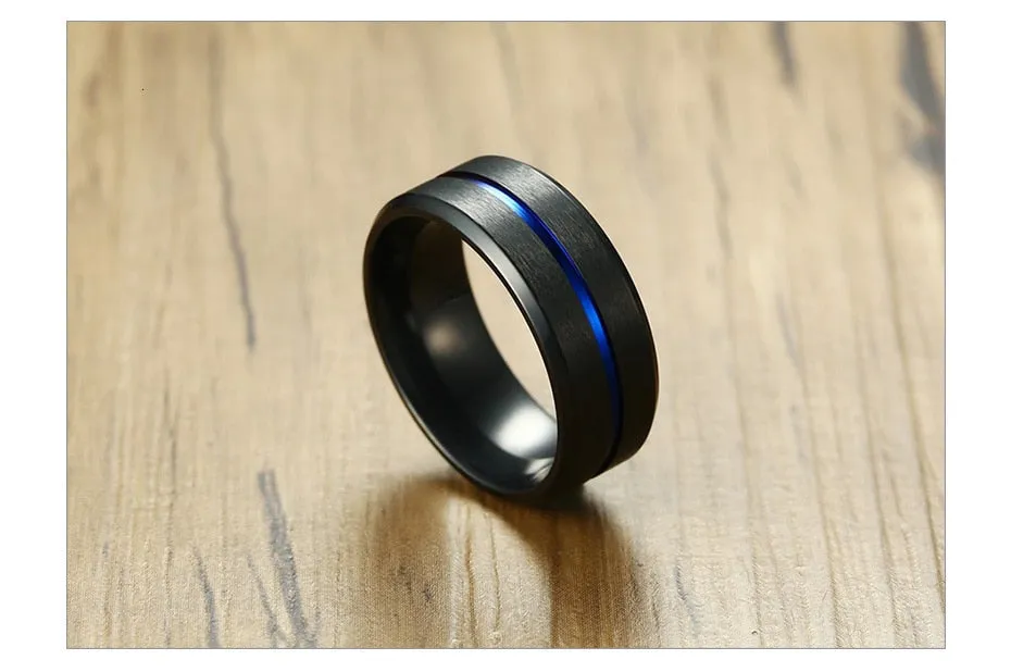 8mm Black Ring for Men Women Groove Stainless Steel Wedding Bands Trendy Fraternal Rings Casual Jewellery