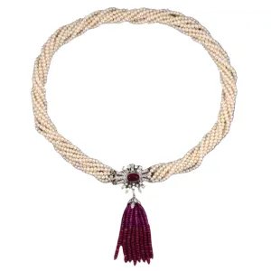 9-Strand Pearl Torsade Necklace with Rubies & Diamonds