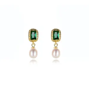 925 Silver Emerald Freshwater Pearl Stud Earrings