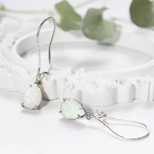 925 Silver White Opal Drop Earrings - October Birthstone, 7X10mm Vintage Gift