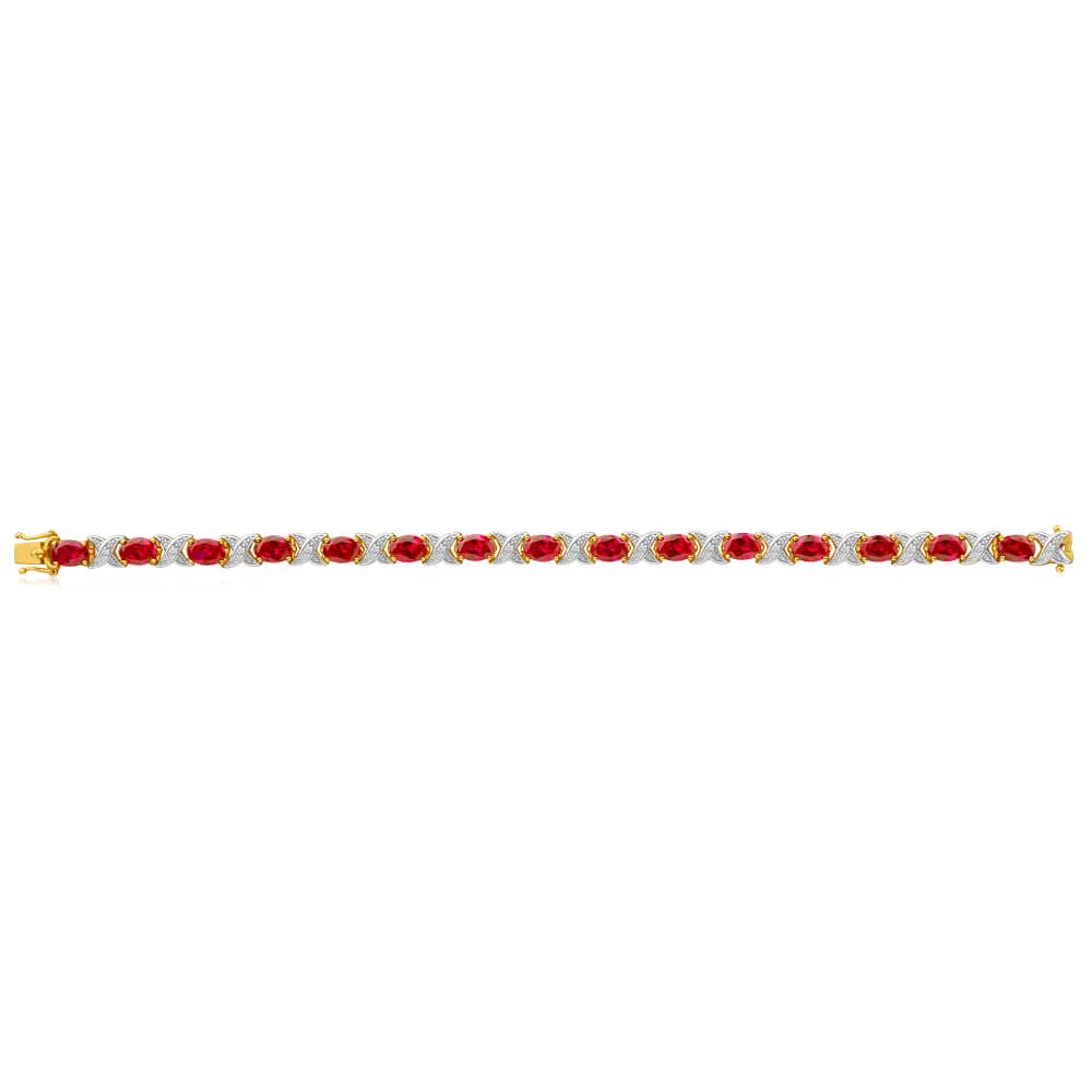 9ct Yellow Gold Created Ruby   Diamond 19CM Bracelet