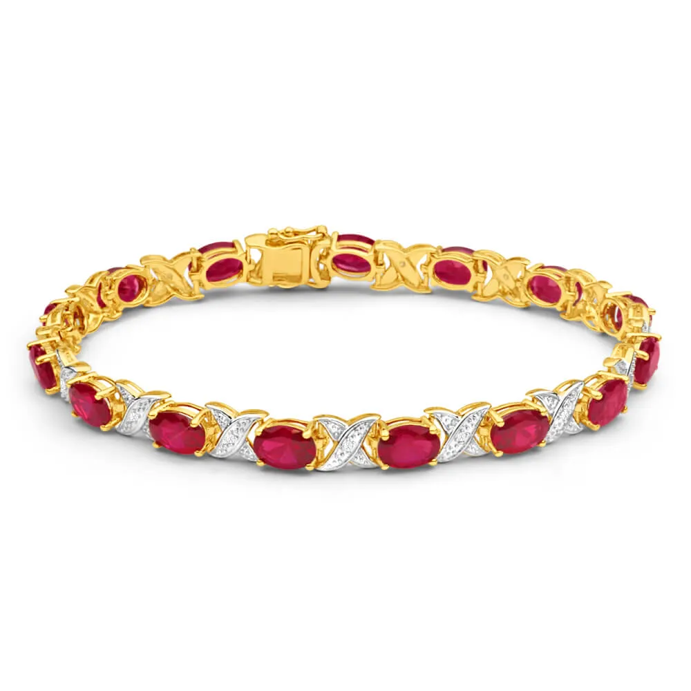 9ct Yellow Gold Created Ruby   Diamond 19CM Bracelet