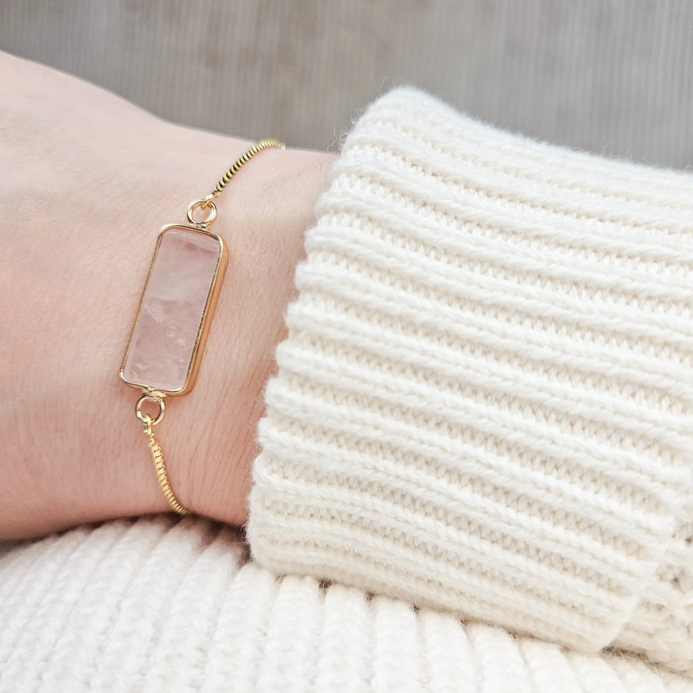 Adjustable Rose Quartz Crystal Bar Bracelet