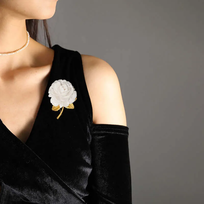 Alloy Noble White Rose Flower Brooch