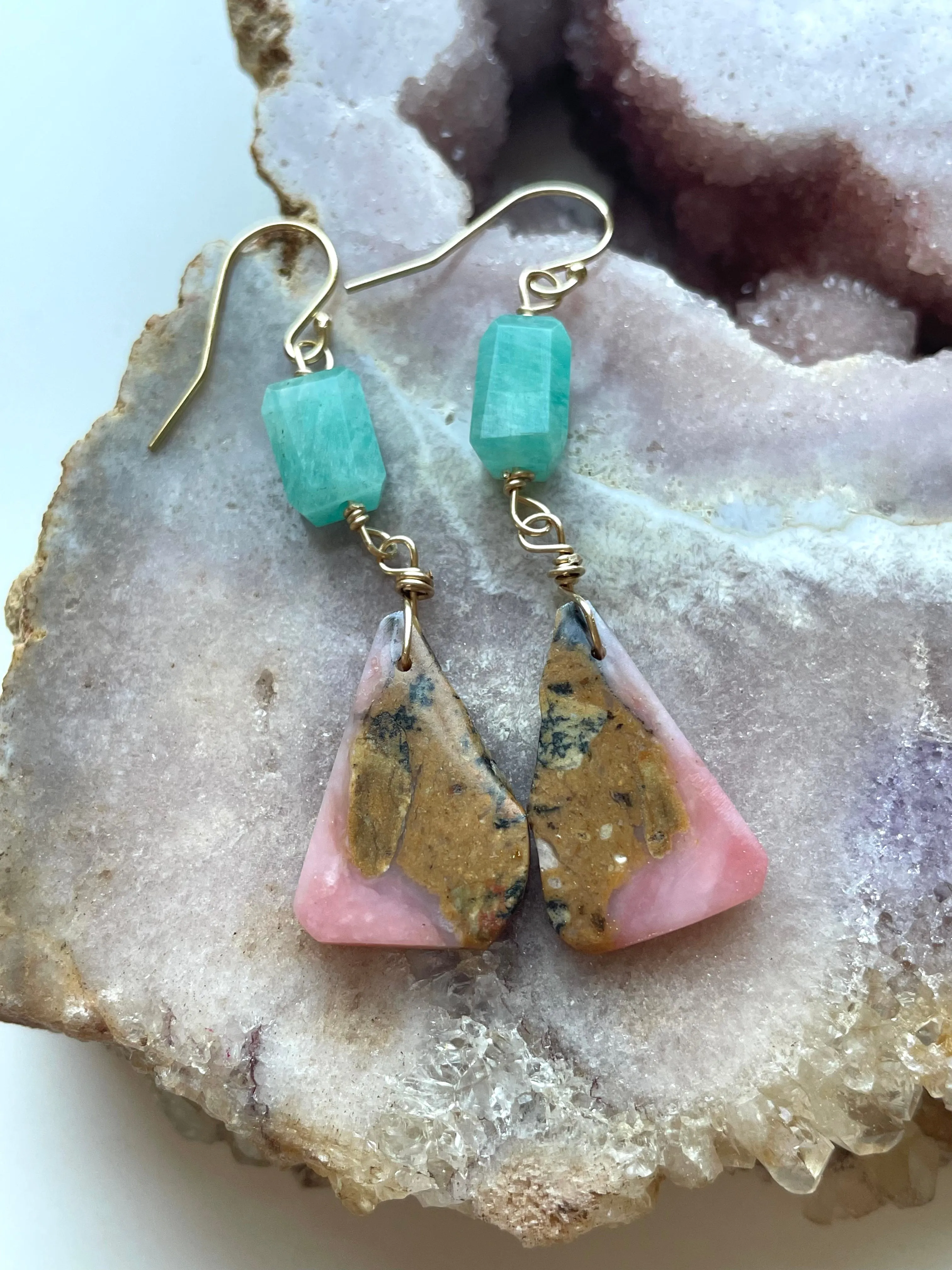 Amazonite and Pink Opal Dangle Earrings on Gold Filled one of a kind Crystal earrings