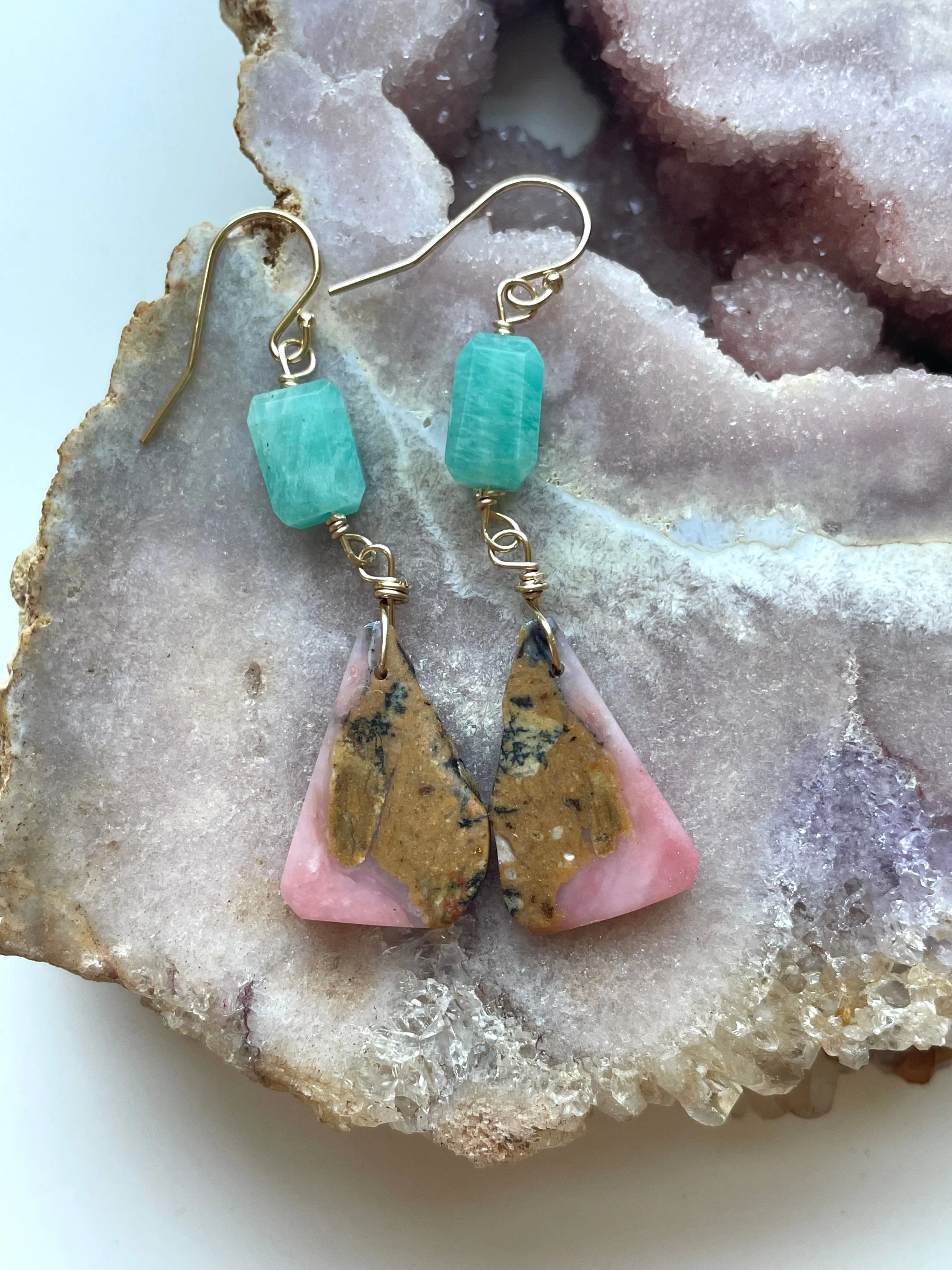 Amazonite and Pink Opal Dangle Earrings on Gold Filled one of a kind Crystal earrings