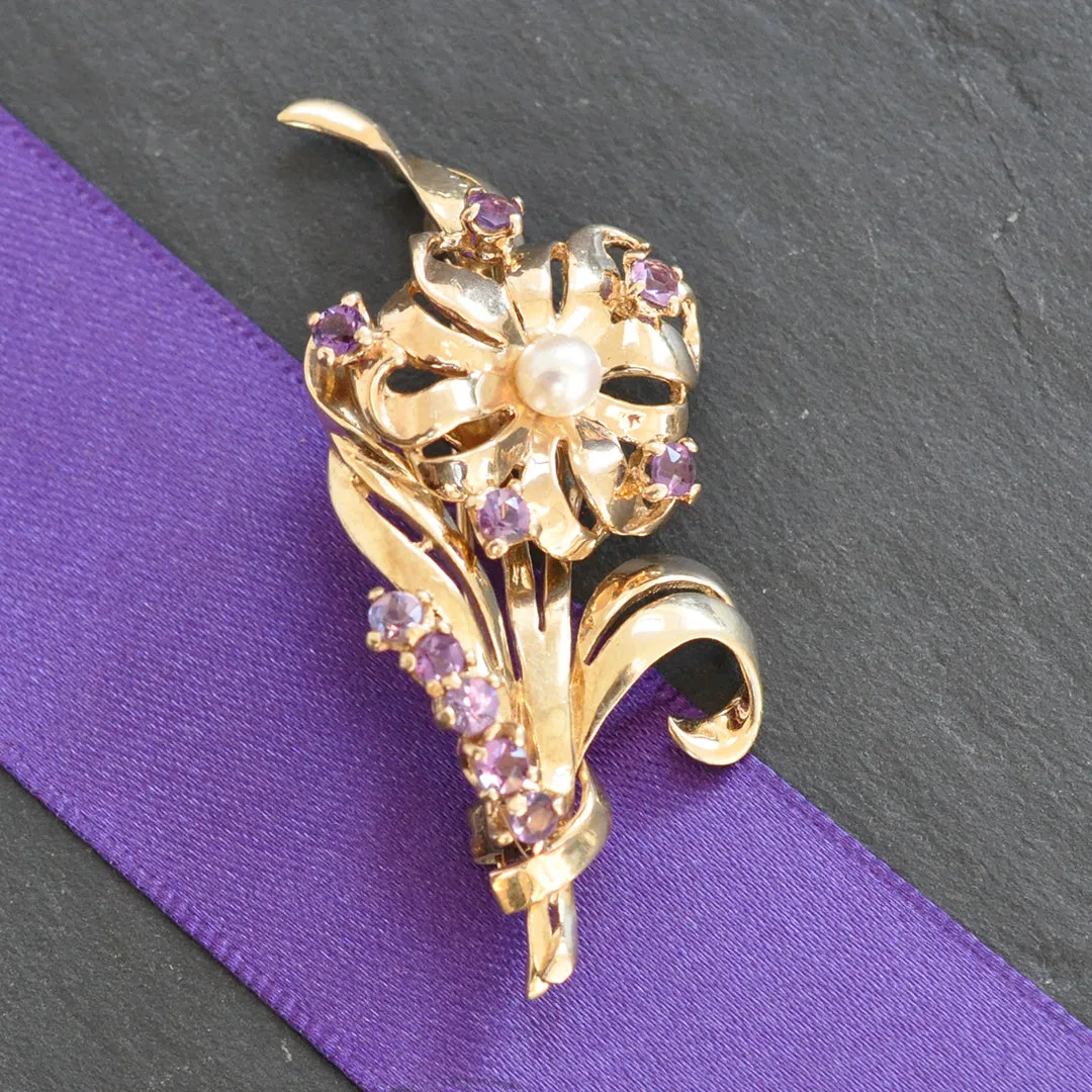 Amethyst & Pearl Spray Brooch