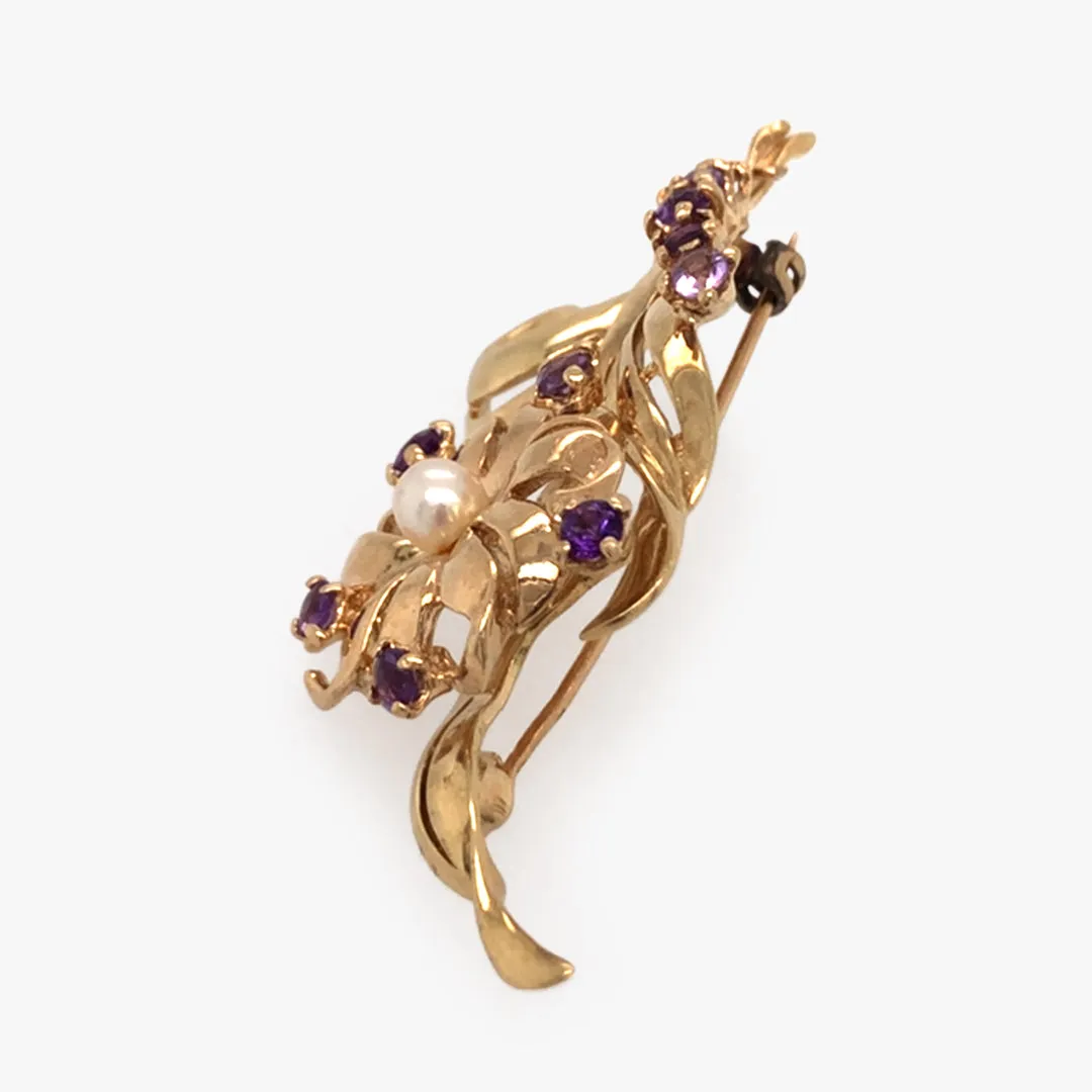 Amethyst & Pearl Spray Brooch