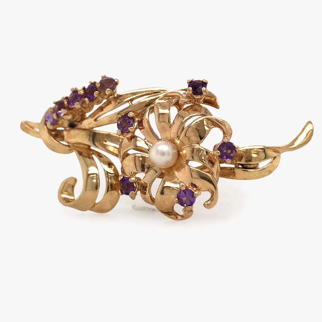 Amethyst & Pearl Spray Brooch