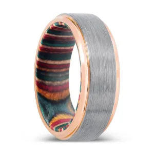 AMIDA | Multi Color Box Wood, Silver Tungsten Ring, Brushed, Rose Gold Stepped Edge