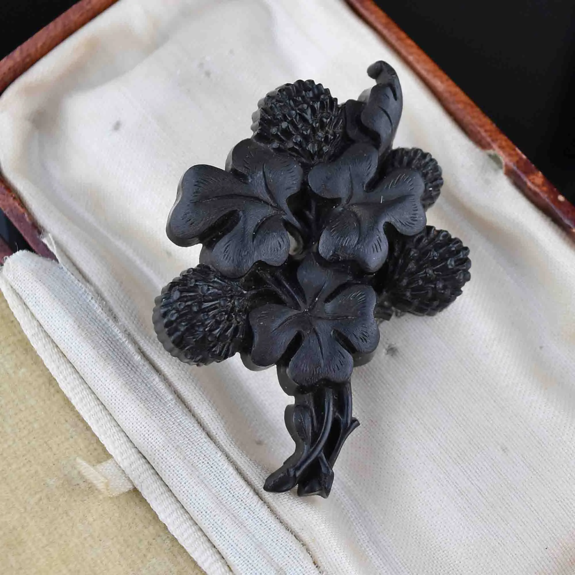 Antique Shamrock Carved Irish Bog Oak Brooch