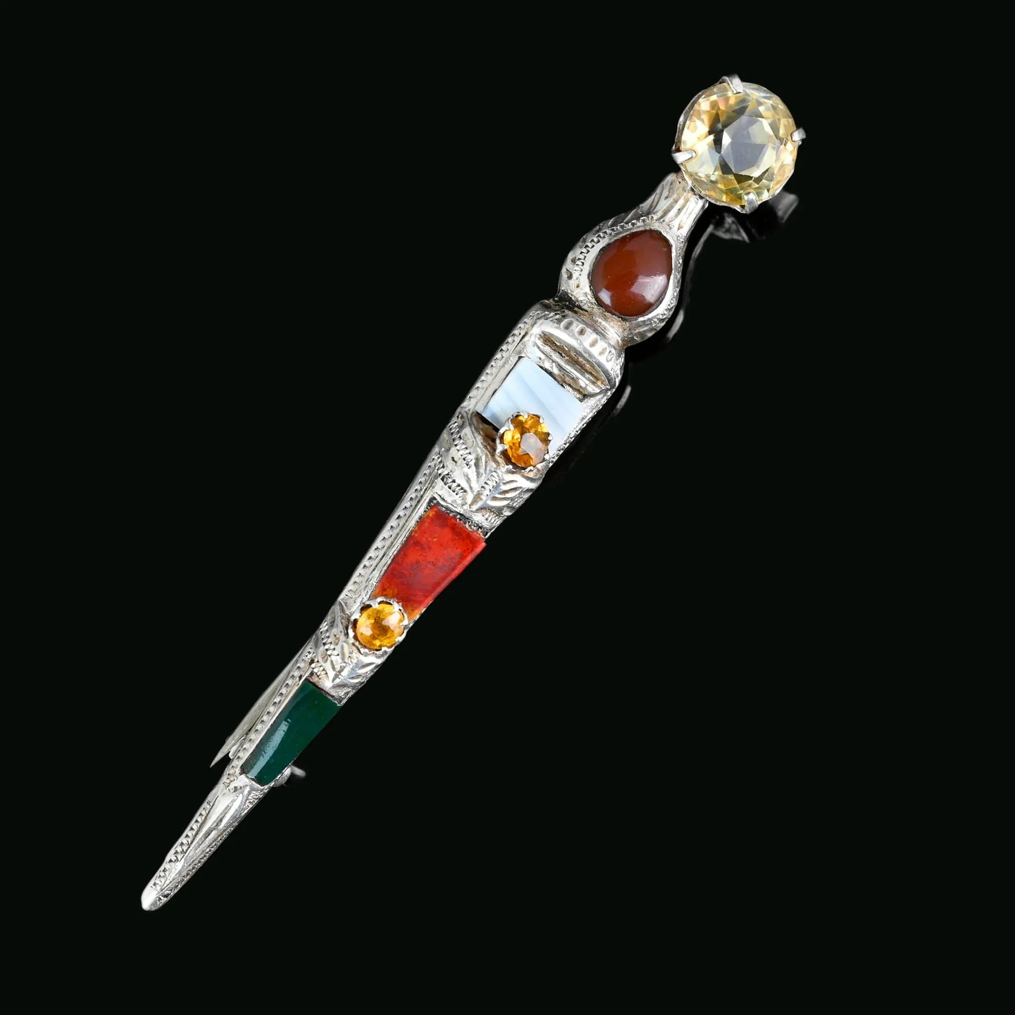 Antique Silver Scottish Agate Cairngorm Citrine Dirk Brooch