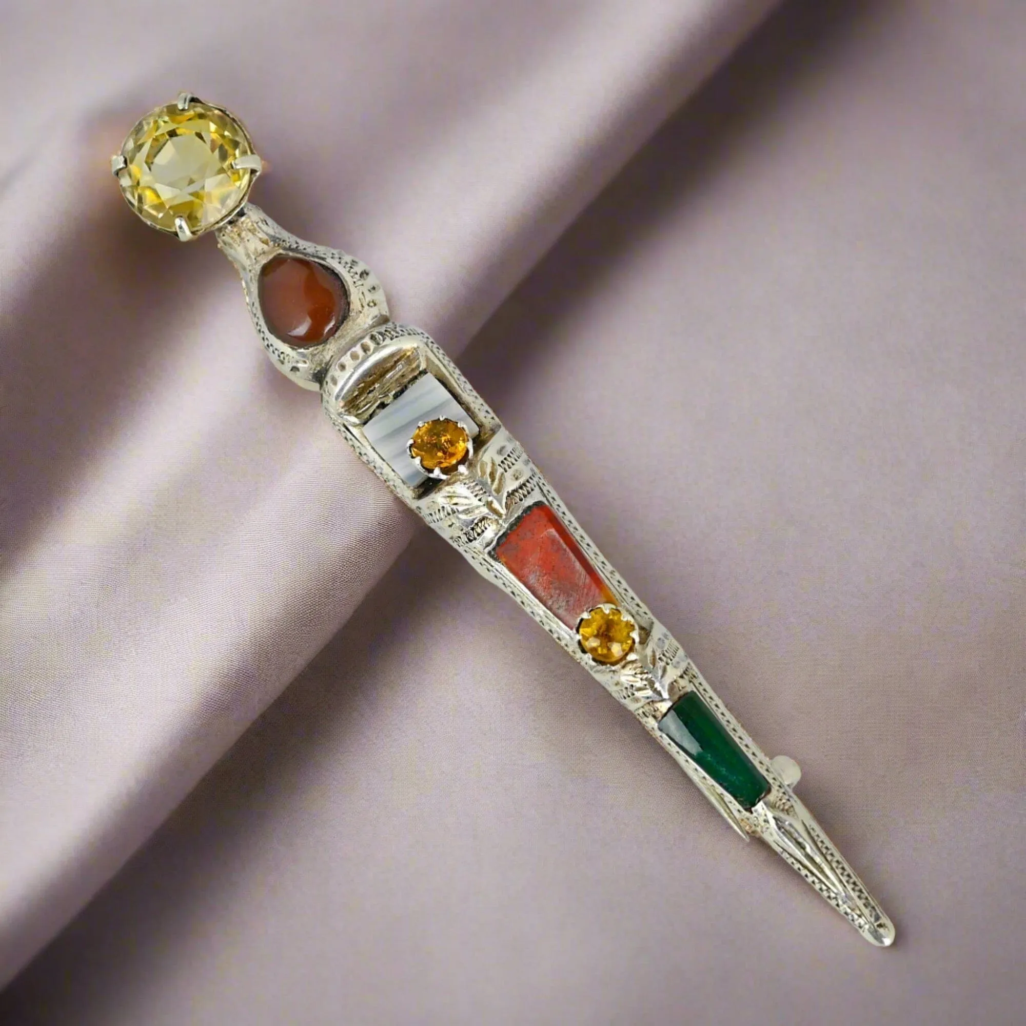 Antique Silver Scottish Agate Cairngorm Citrine Dirk Brooch