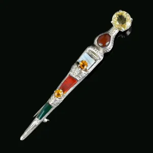 Antique Silver Scottish Agate Cairngorm Citrine Dirk Brooch