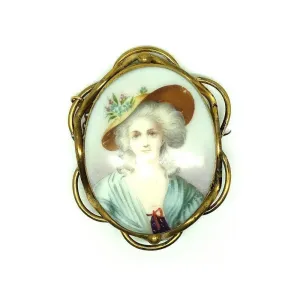 Antique Victorian (1837-1901) Pinchbeck Porcelain Portrait Brooch