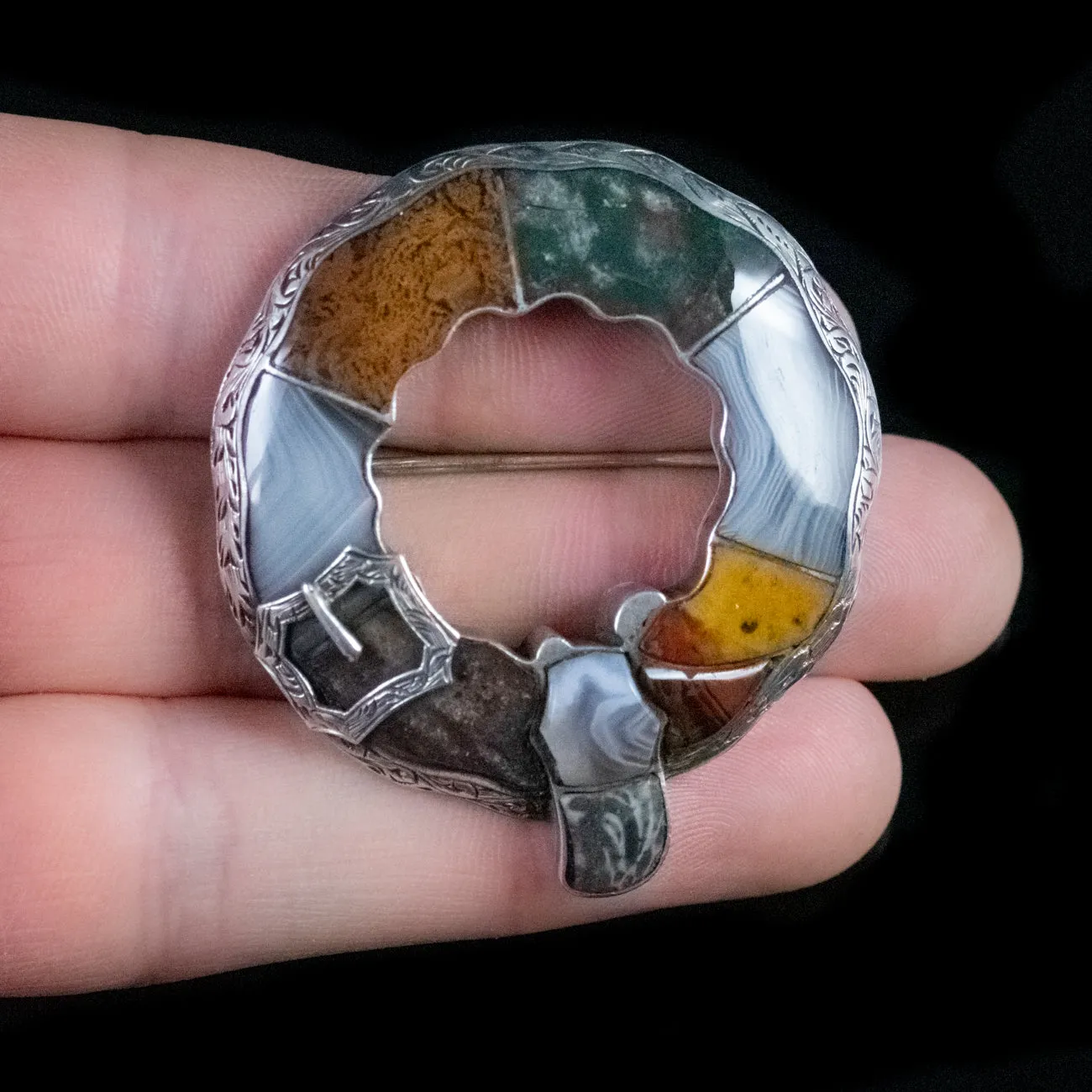 Antique Victorian Scottish Agate Buckle Brooch Silver Circa 1860