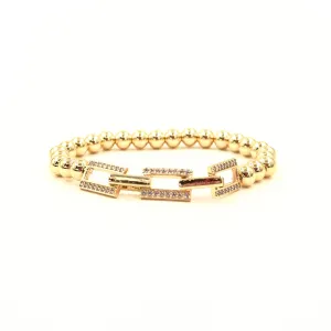 Ashley Gold Stainless Steel Gold Plated 3 CZ Encrusted Link Chain Stretch Beaded Bracelet