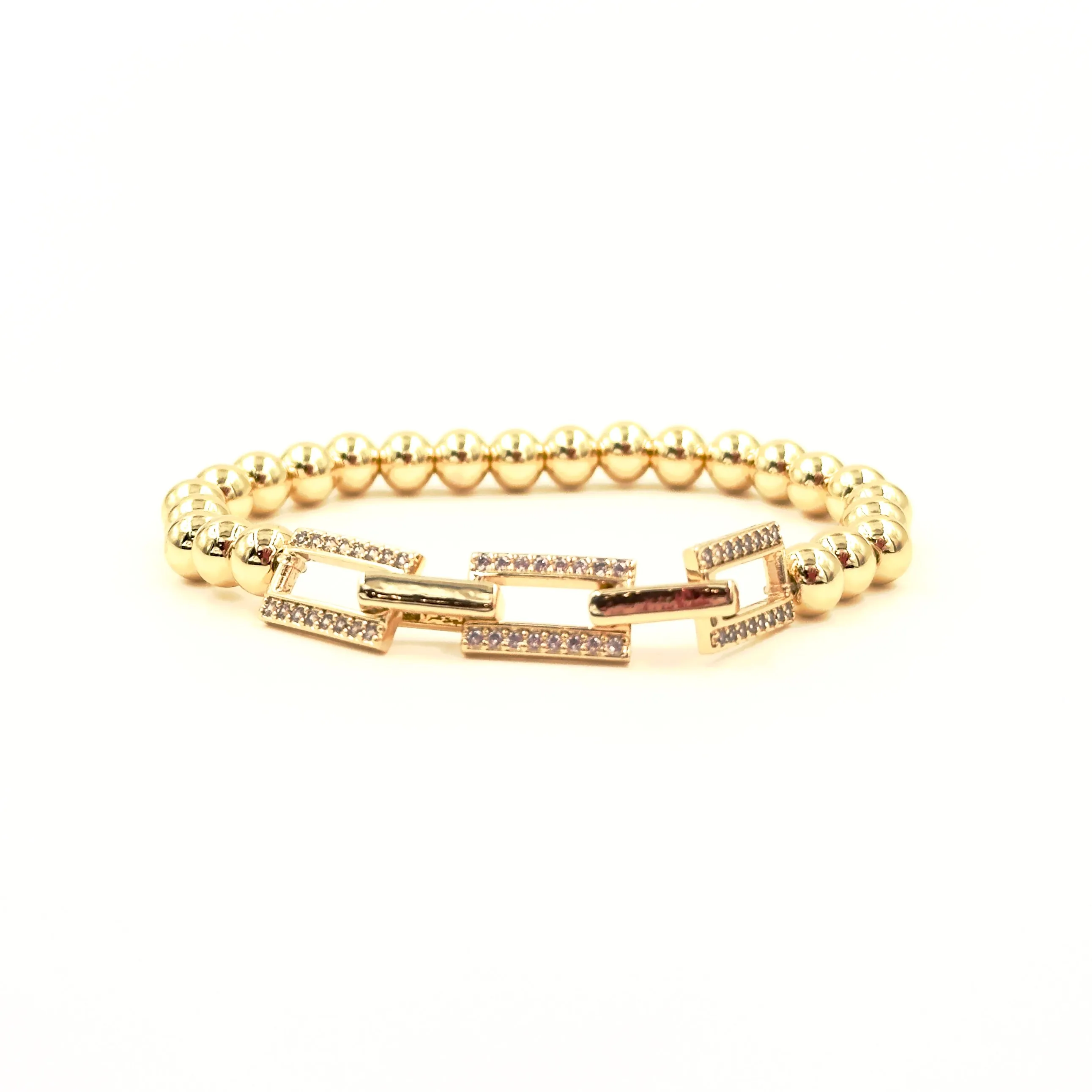 Ashley Gold Stainless Steel Gold Plated 3 CZ Encrusted Link Chain Stretch Beaded Bracelet