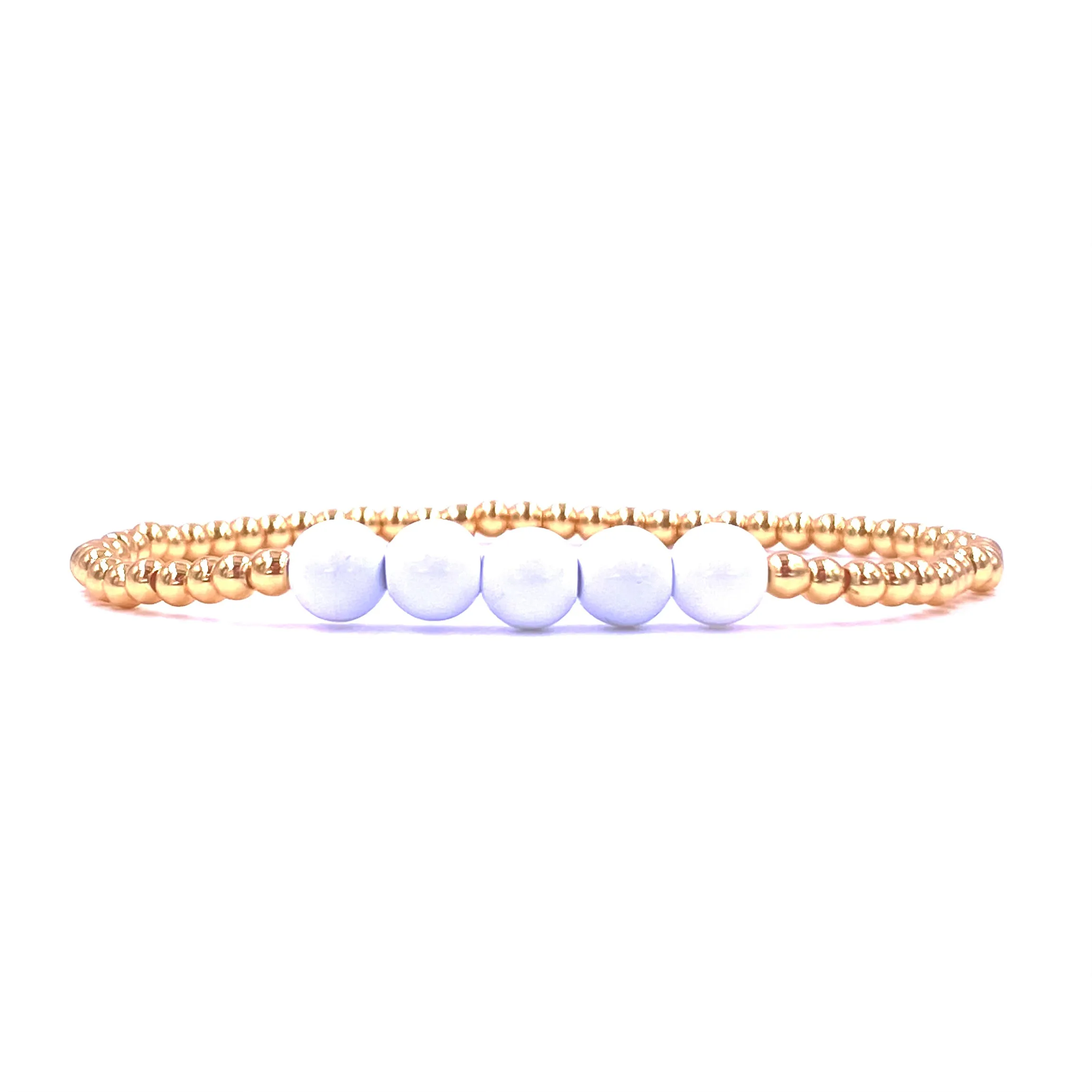 Ashley Gold Stainless Steel Gold Plated 3MM 5 Ball Beaded Center Enamel Stretch Bracelet