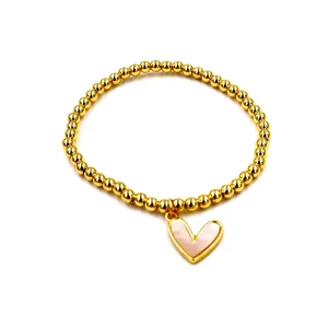 Ashley Gold Stainless Steel Gold Plated 4mm Stretch Beaded Heart Bracelet