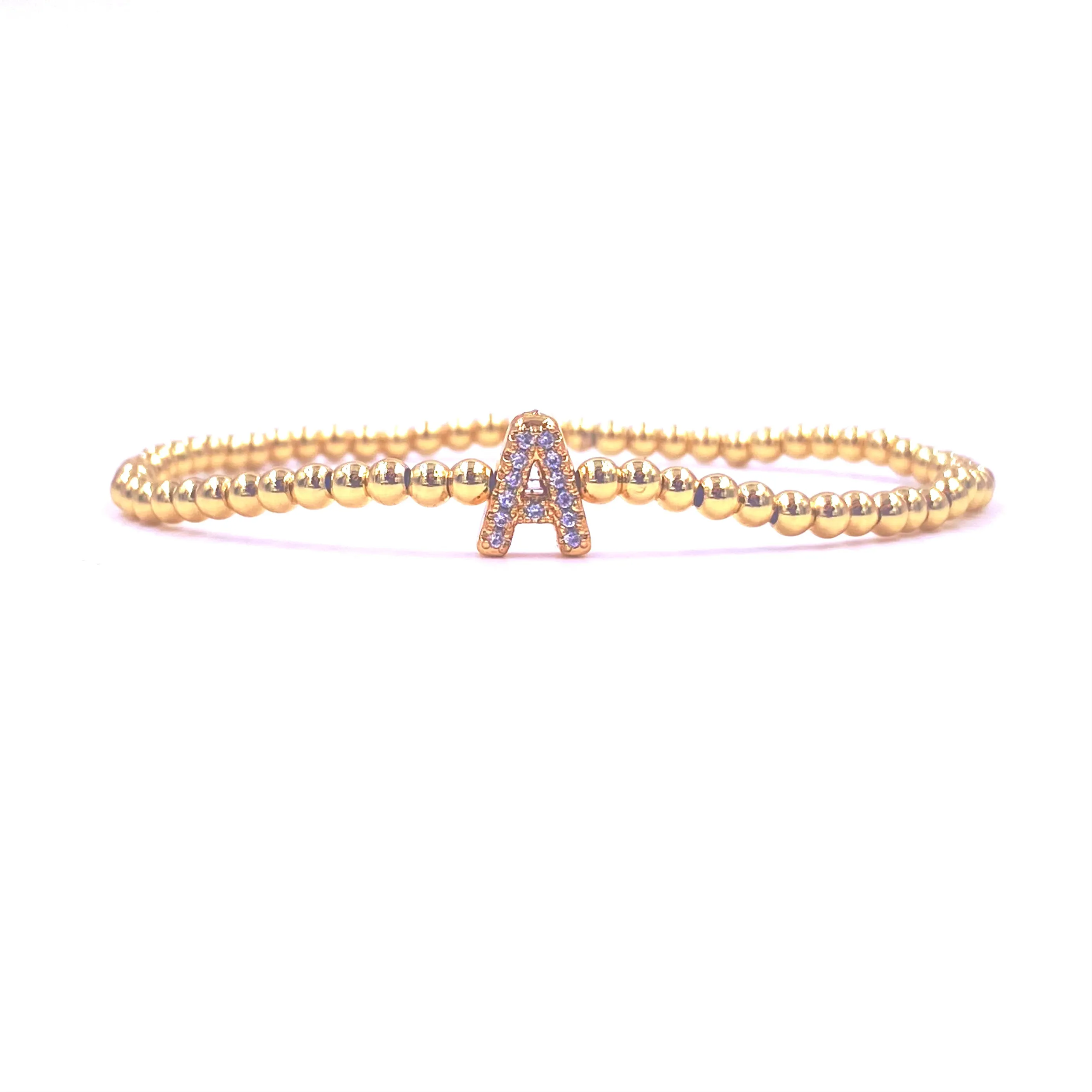 Ashley Gold Stainless Steel Gold Plated Center CZ Initial Bead Stretch Beaded Bracelet