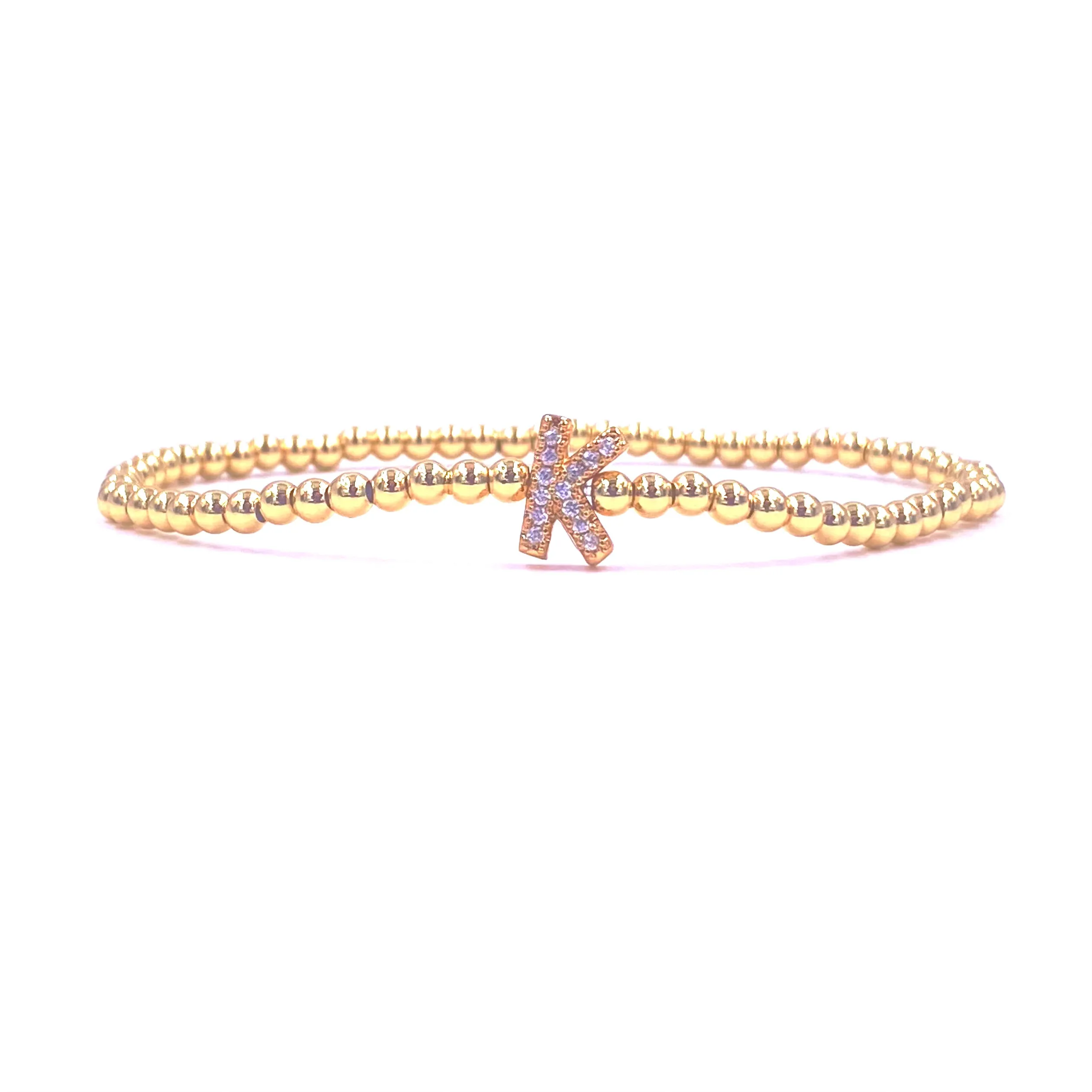 Ashley Gold Stainless Steel Gold Plated Center CZ Initial Bead Stretch Beaded Bracelet