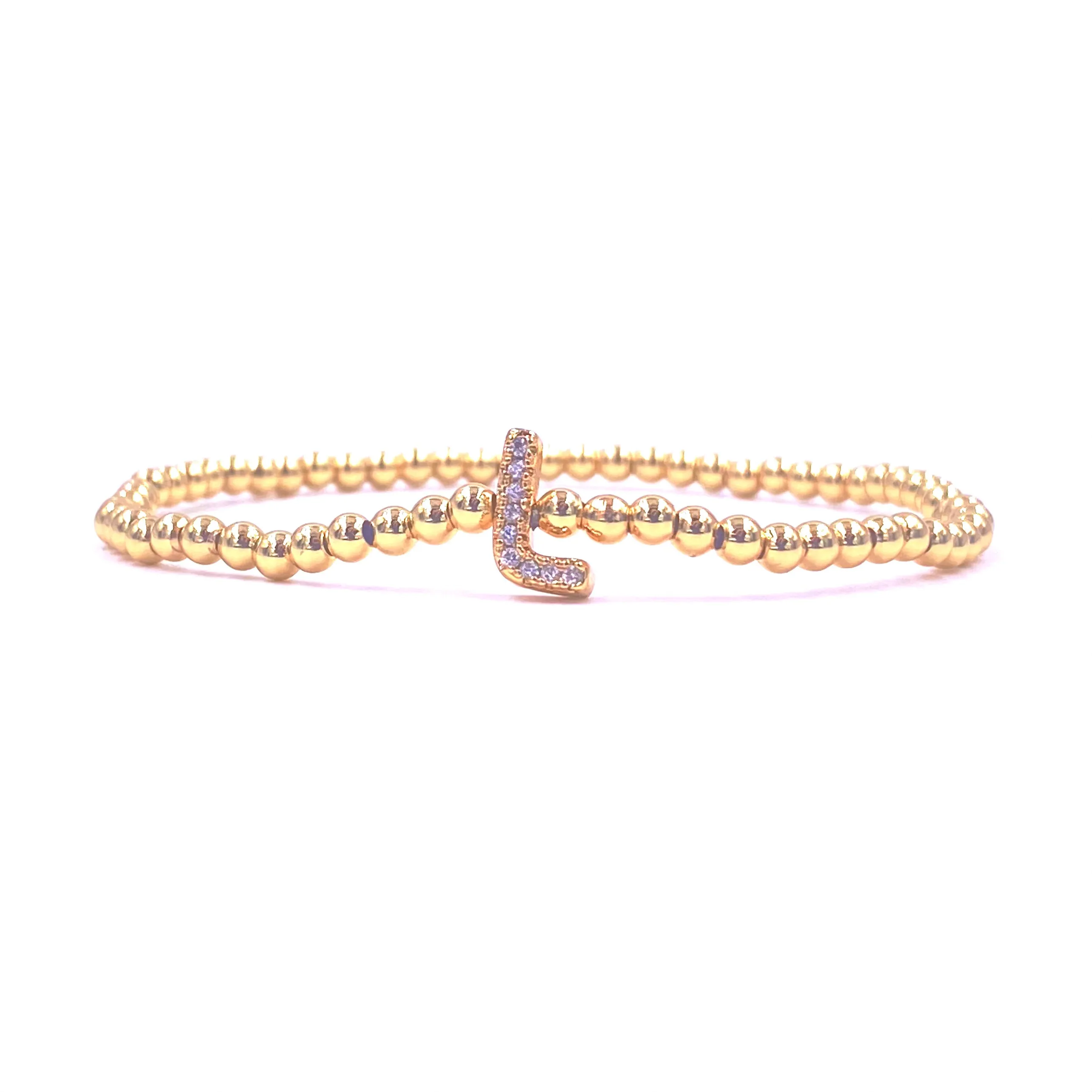 Ashley Gold Stainless Steel Gold Plated Center CZ Initial Bead Stretch Beaded Bracelet