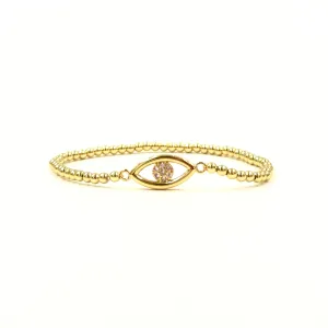 Ashley Gold Stainless Steel Gold Plated Evil Eye With CZ Center Stretch Beaded Bracelet