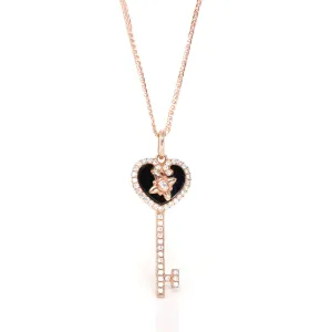 Baikalla™ 18k Rose Gold Black Jade Heart Key Necklace With CZ