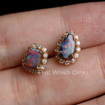 Beautiful Australian Boulder Opal & Halo Diamond Stud Earrings 18k Yellow Gold