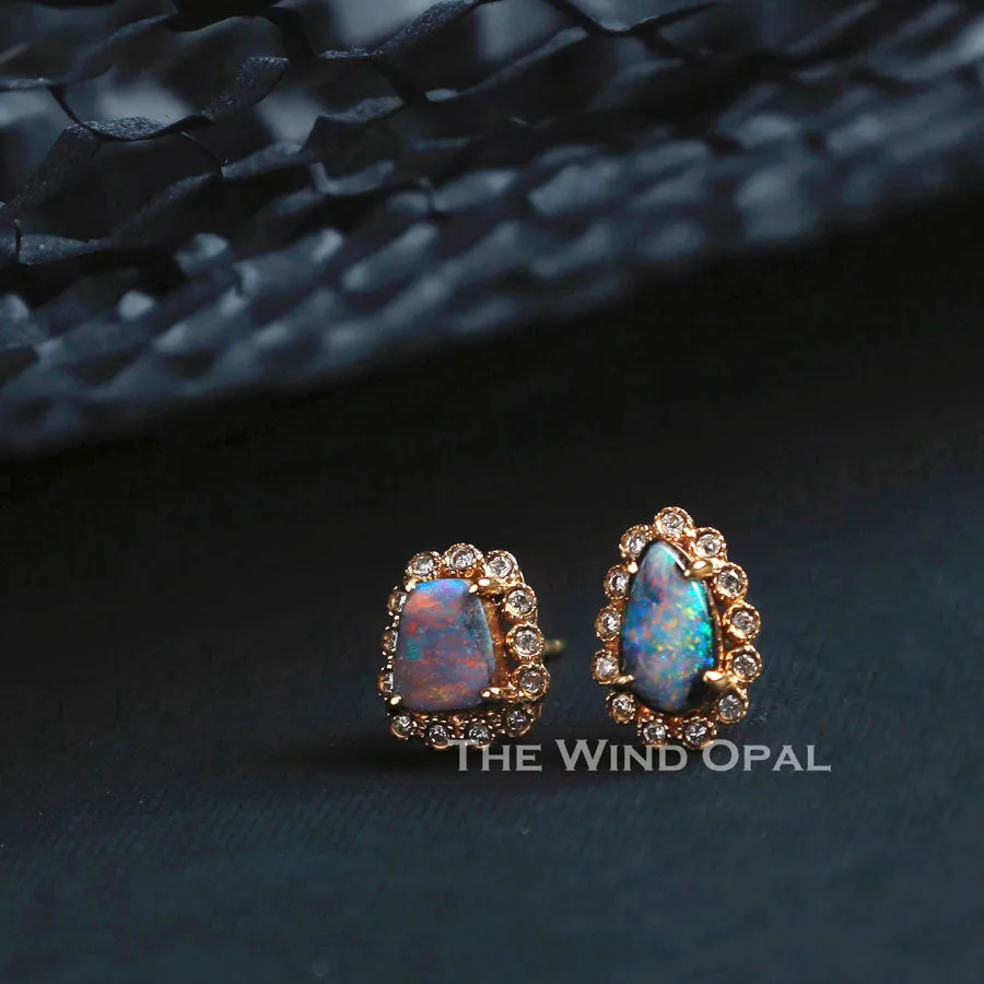 Beautiful Australian Boulder Opal & Halo Diamond Stud Earrings 18k Yellow Gold