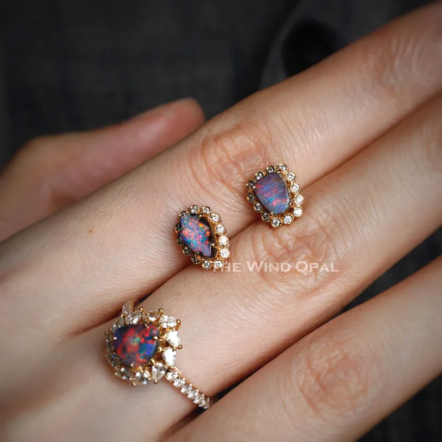 Beautiful Australian Boulder Opal & Halo Diamond Stud Earrings 18k Yellow Gold