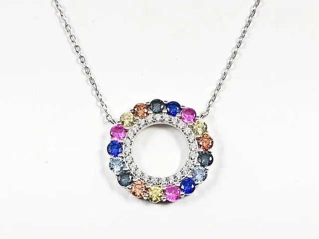 Beautiful Open Round Circle Multi Color CZ Charm Silver Necklace