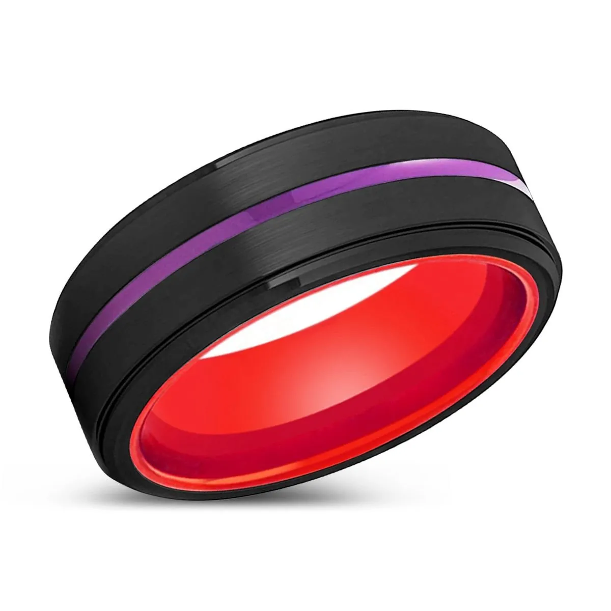 BENDIGO | Red Ring, Black Tungsten Ring, Purple Groove, Stepped Edge