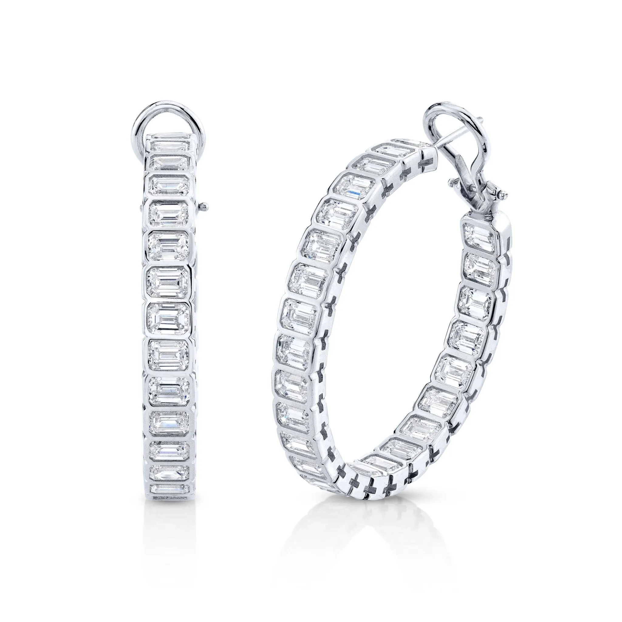 Bezel Set Emerald-Cut Diamond Hoop Earrings