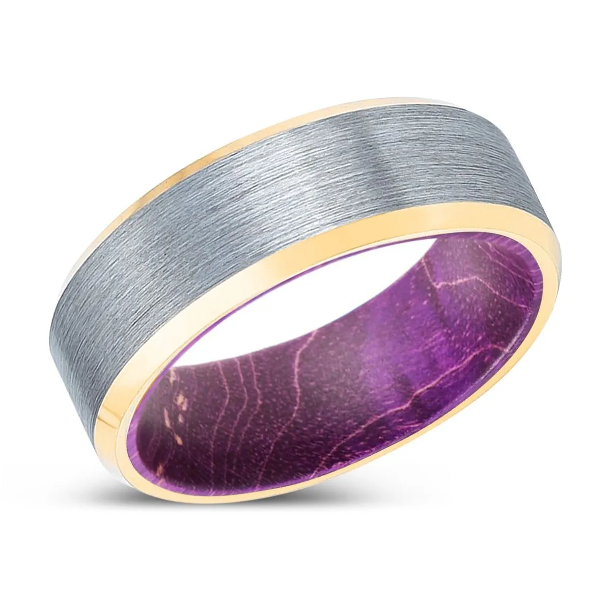 BLANDLARCH | Purple Wood, Brushed, Silver Tungsten Ring, Gold Beveled Edges