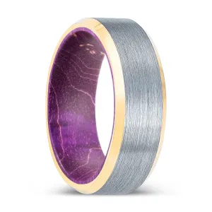 BLANDLARCH | Purple Wood, Brushed, Silver Tungsten Ring, Gold Beveled Edges