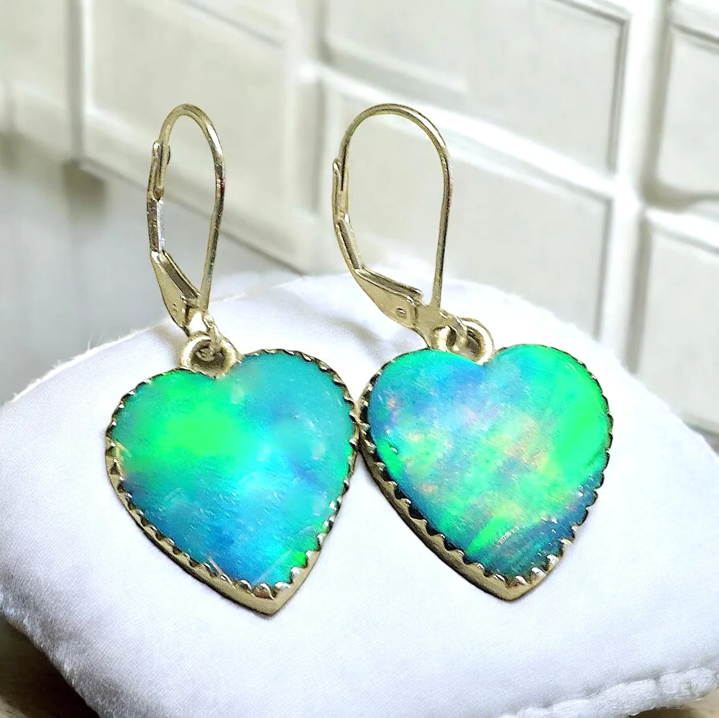 Blue Aurora Opal Heart Drop Earrings