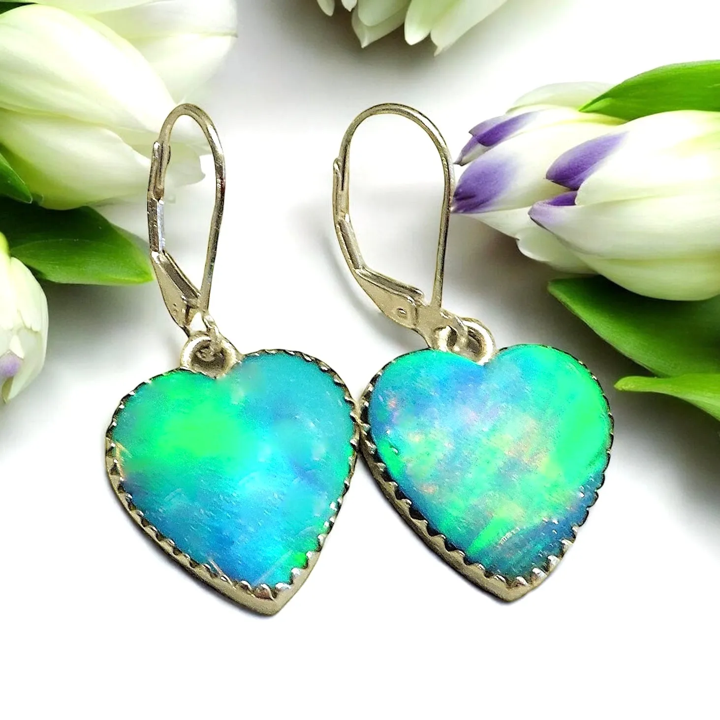 Blue Aurora Opal Heart Drop Earrings