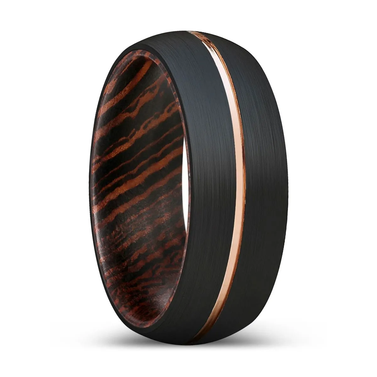 BOAR | Wenge Wood, Black Tungsten Ring, Rose Gold Groove, Domed