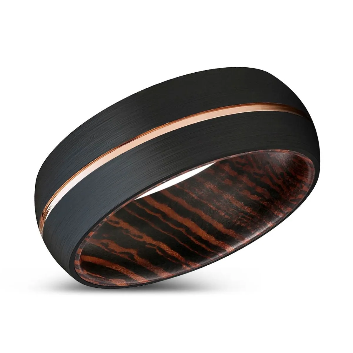 BOAR | Wenge Wood, Black Tungsten Ring, Rose Gold Groove, Domed