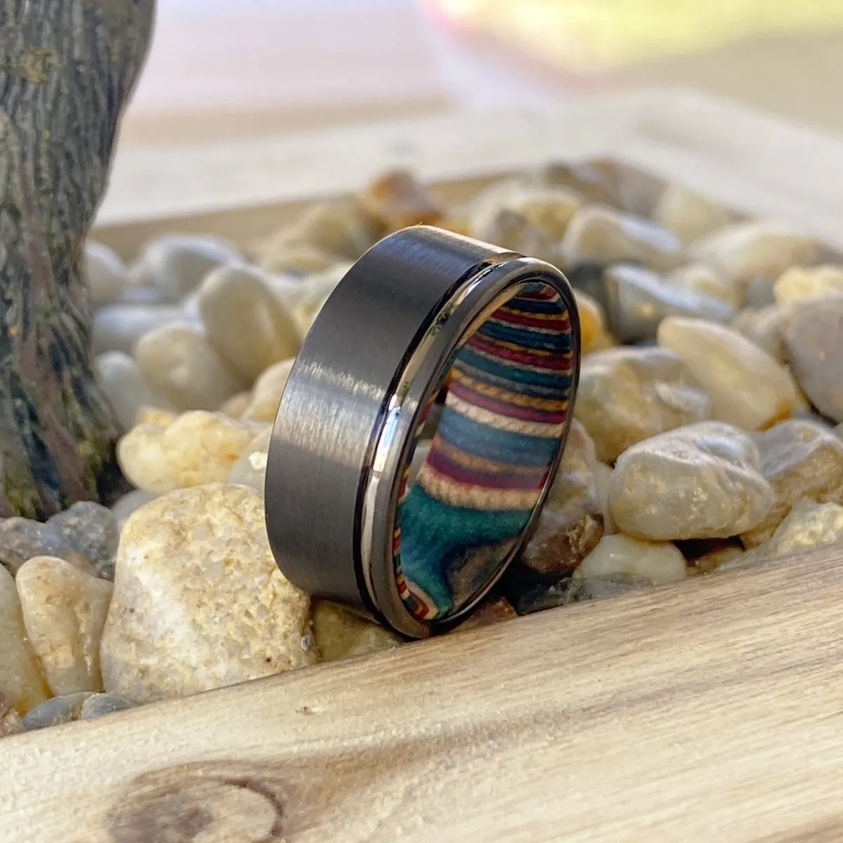 BOW | Multi Color Wood, Gunmetal Tungsten Offset Groove