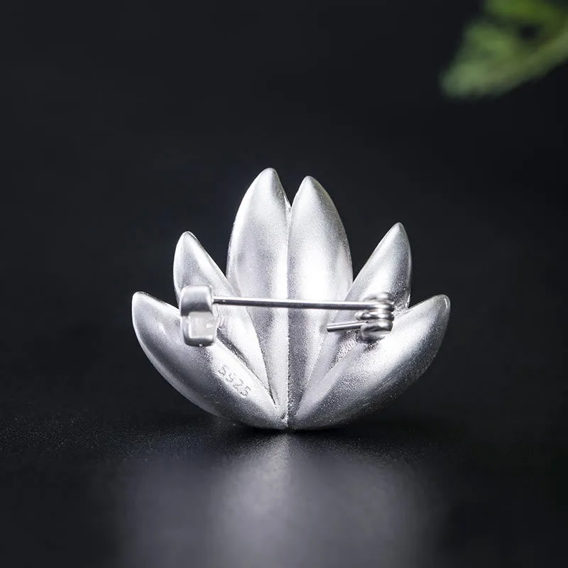 Buddha Stones 925 Sterling Silver Lotus Flower Pearl New Beginning Brooch