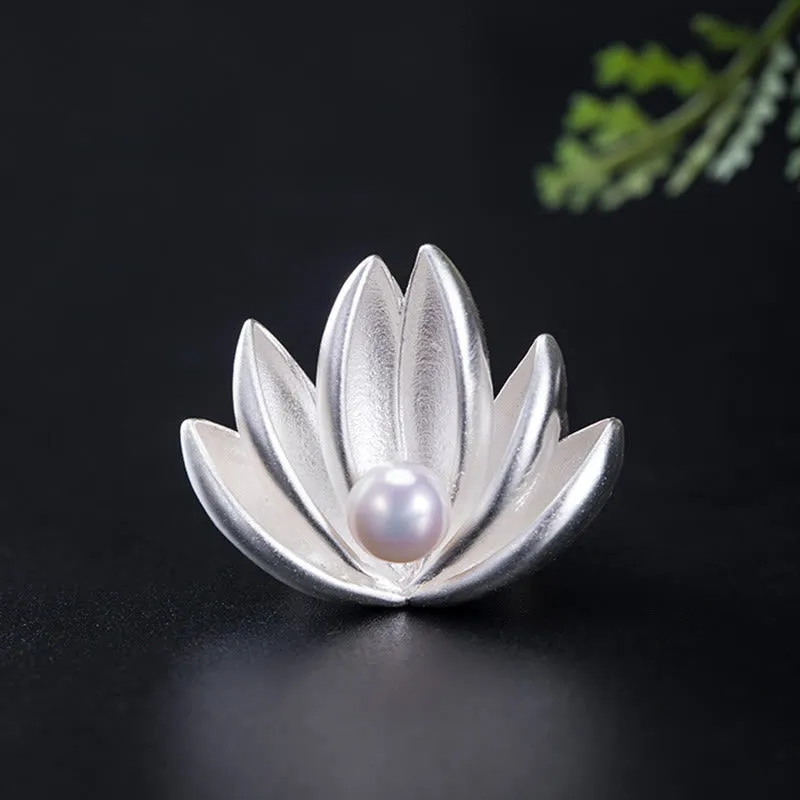 Buddha Stones 925 Sterling Silver Lotus Flower Pearl New Beginning Brooch