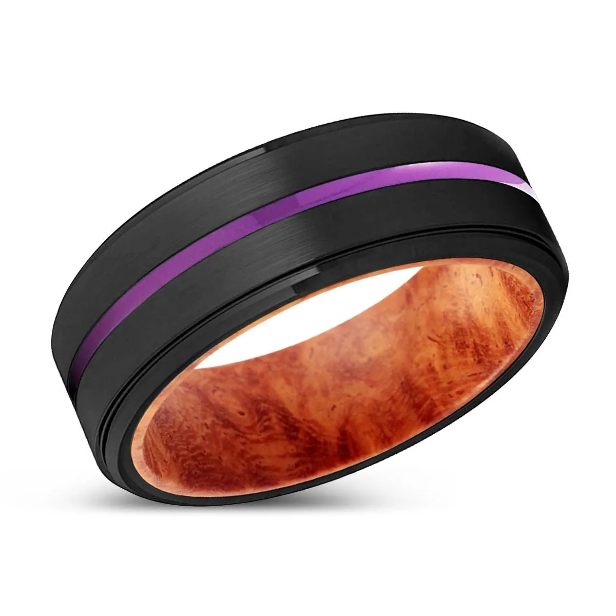 BURNIE | Red Burl Wood, Black Tungsten Ring, Purple Groove, Stepped Edge