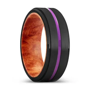 BURNIE | Red Burl Wood, Black Tungsten Ring, Purple Groove, Stepped Edge